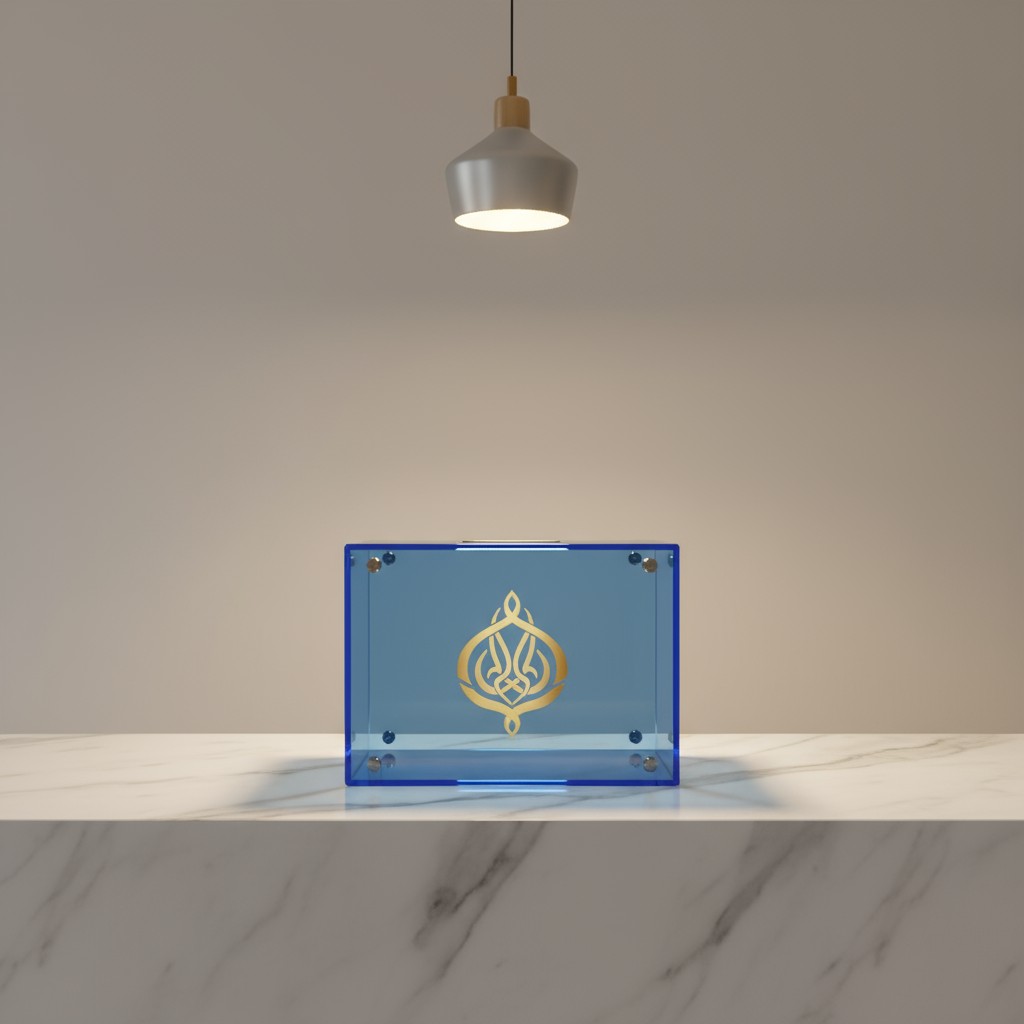 This image depicts a clear, rectangular acrylic and gold canvas tray sitting upright on a "white marble" countertop or tab...